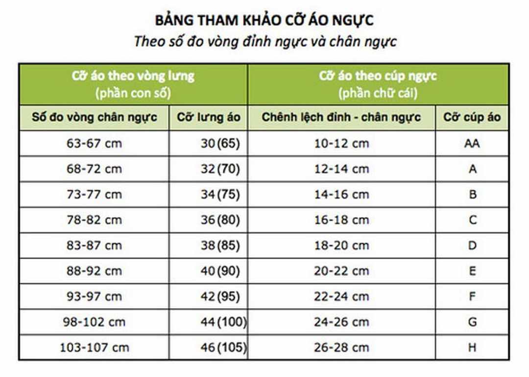 Ký hiệu size áo ngực đại diện cho các số đo khác nhau