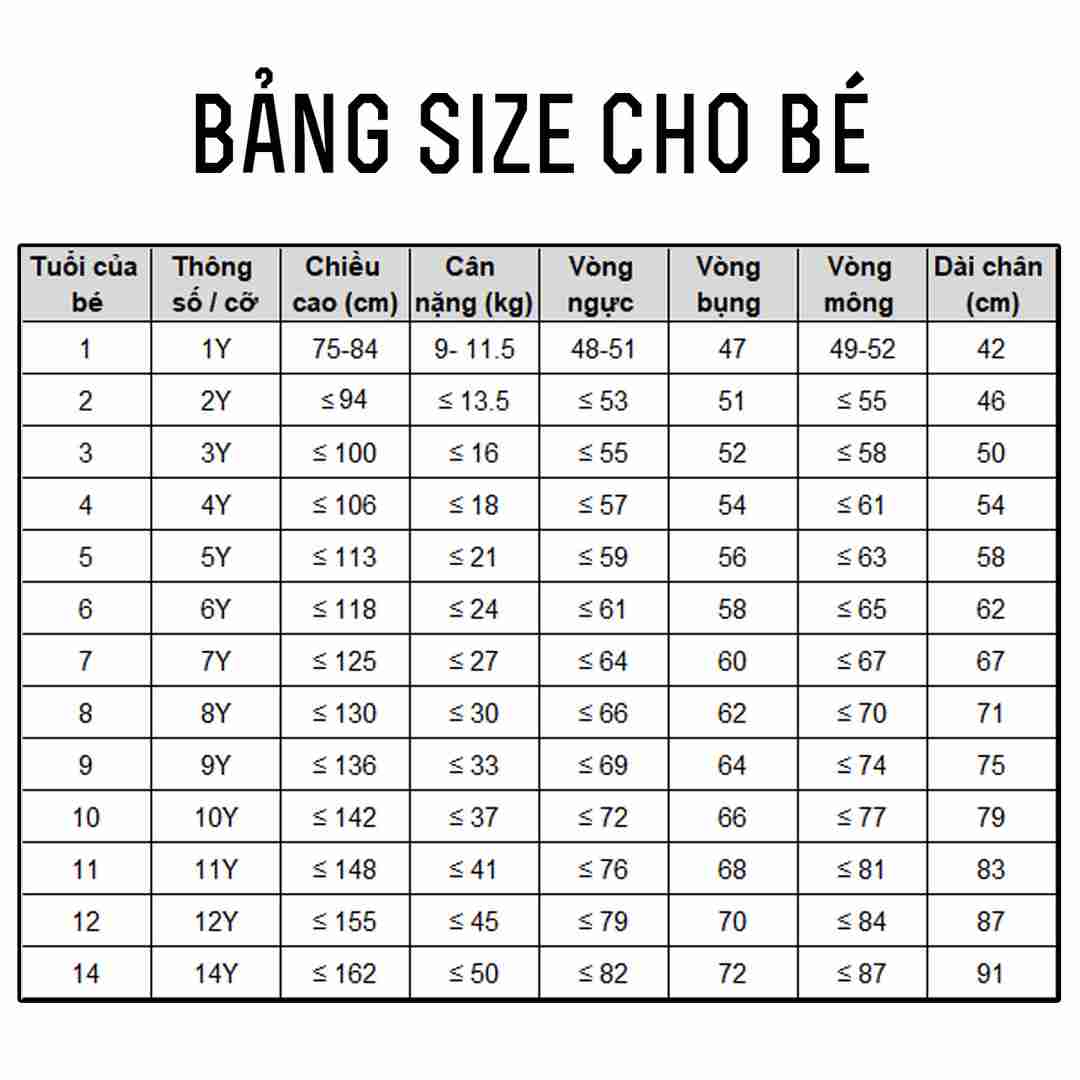 Bảng size xuất khẩu có phần nhỉnh hơn về chiều cao và cân nặng